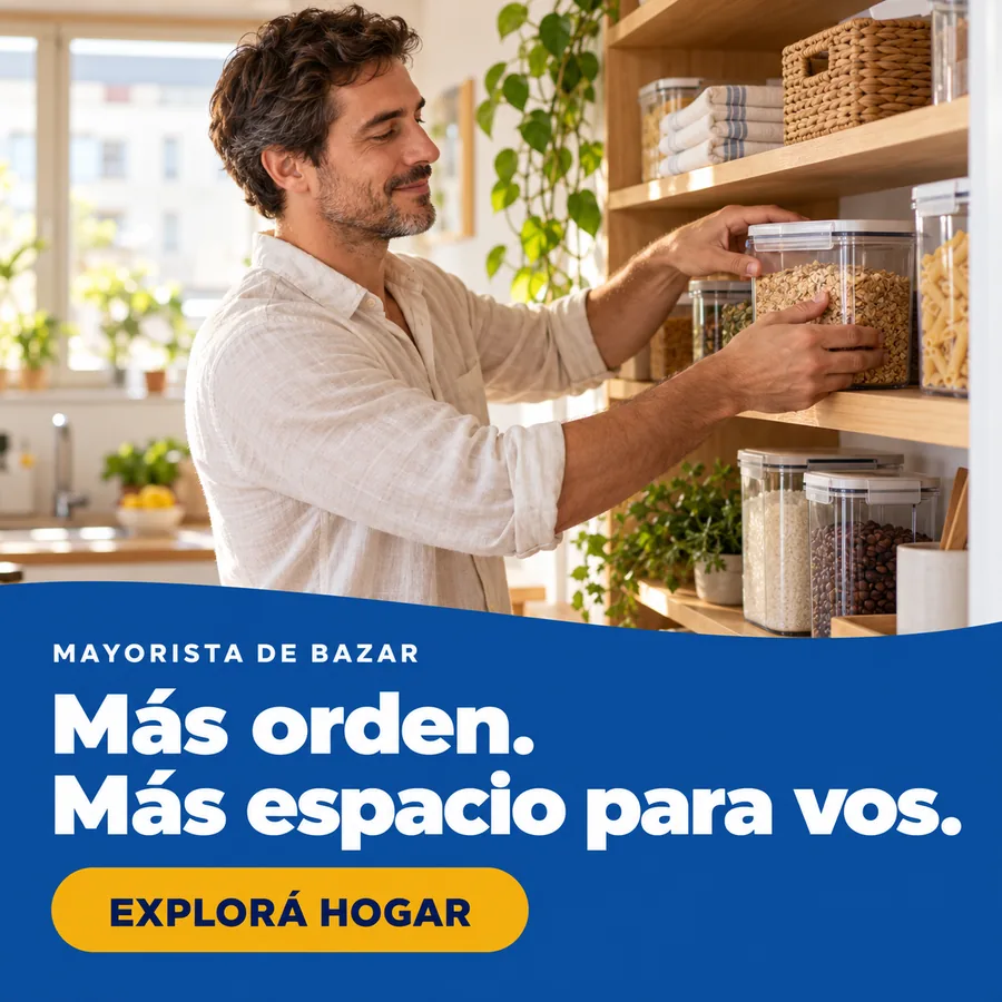 Hombre ordenando frascos herméticos en una alacena: más orden, más espacio. Explorá hogar.