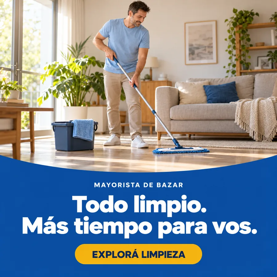 Hombre pasando el mopa en un living luminoso: todo limpio, más tiempo para vos. Explorá limpieza.